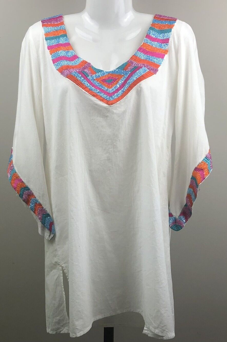 Mud Pie Tunic Women M (8-10) White Embellished 100% Cotton Coverup Top Boho - Picture 1 of 12